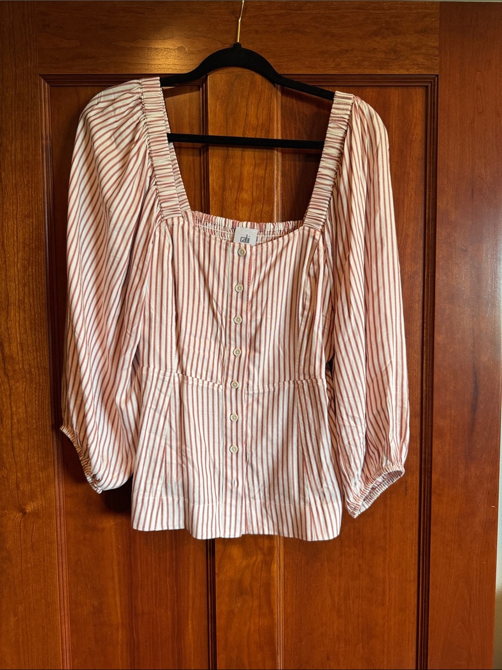 CAbi Cream and Red Stripe Square-Neck Button Blouse